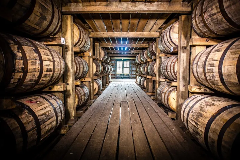 Barrels aging in a Kentucky Bourbon Trail rickhouse