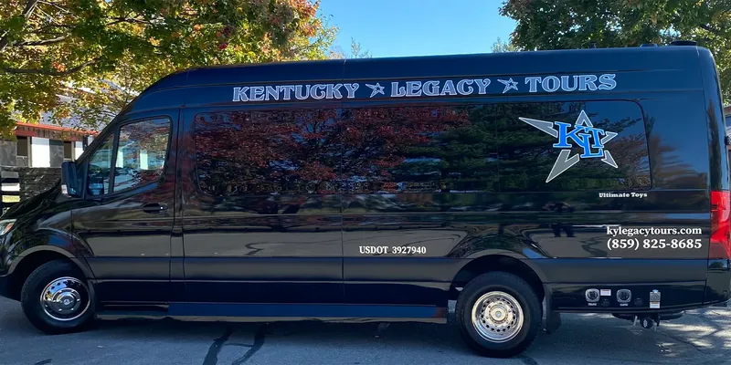 A Kentucky Legacy Tours branded Mercedes Sprinter limo van