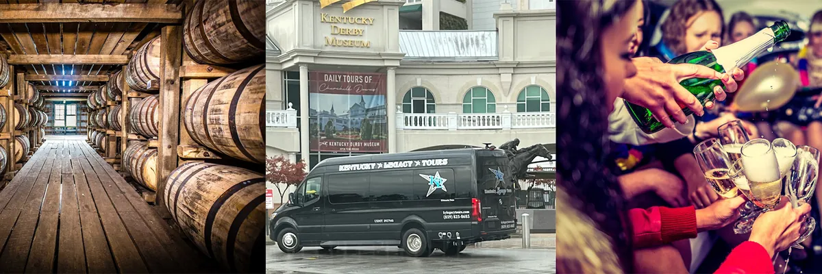 Three sides of a Kentucky Legacy Tours day: a bourbon rickhouse, the KLT van at the Kentucky Derby Museum, and guests toasting with champagne