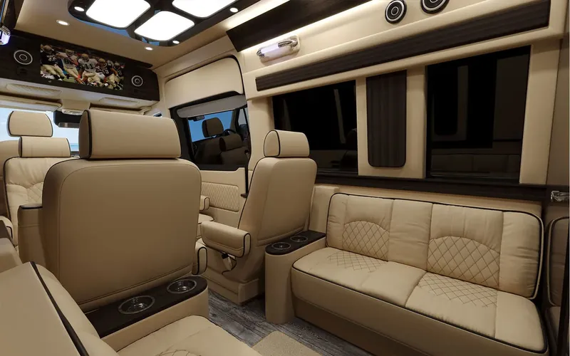 Kentucky Legacy Tours limo van interior with entertainment screens and club seating
