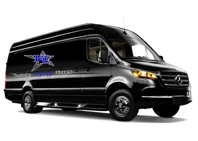 Exterior of the Kentucky Legacy Tours Mercedes Sprinter luxury van with KLT star logo